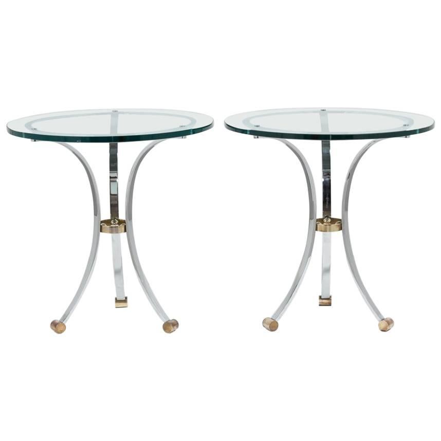 Pair of Maison Jansen Steel and Brass Side Tables, 1970s