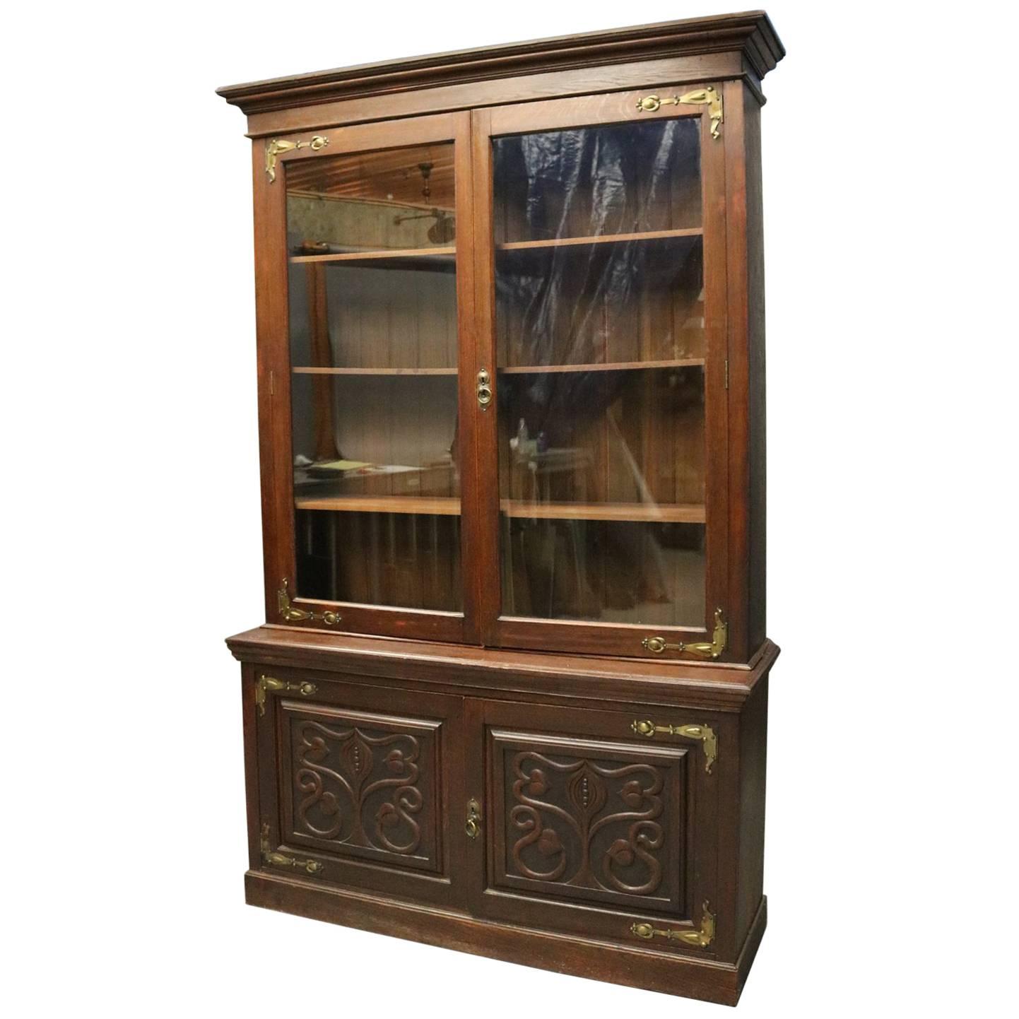 Antique Art Nouveau Tree of Life Mahogany and Bronze Two-Piece Bookshelf