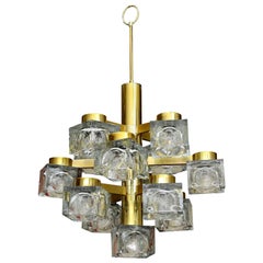 Vintage Gaetano Sciolari Brass and Glass Cube Chandelier, Italian