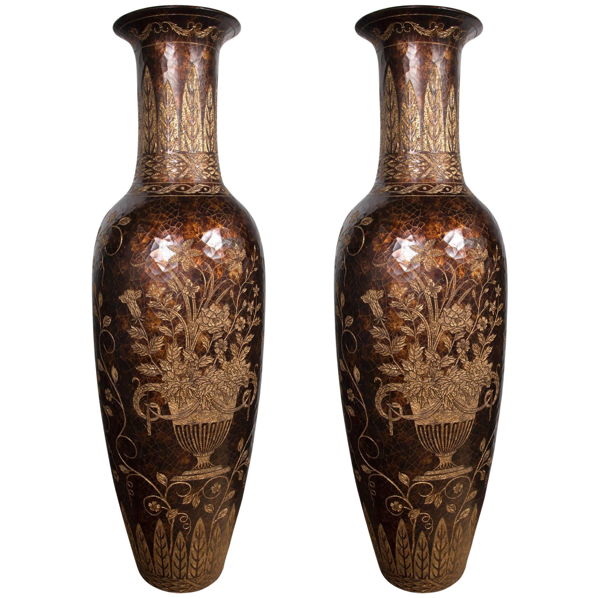 Unusual Pair of Tall Lacquered and Incised Chinese Floor Vases