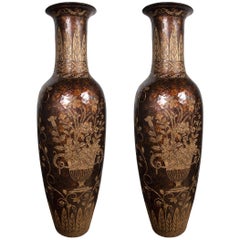 Unusual Pair of Tall Lacquered and Incised Chinese Floor Vases