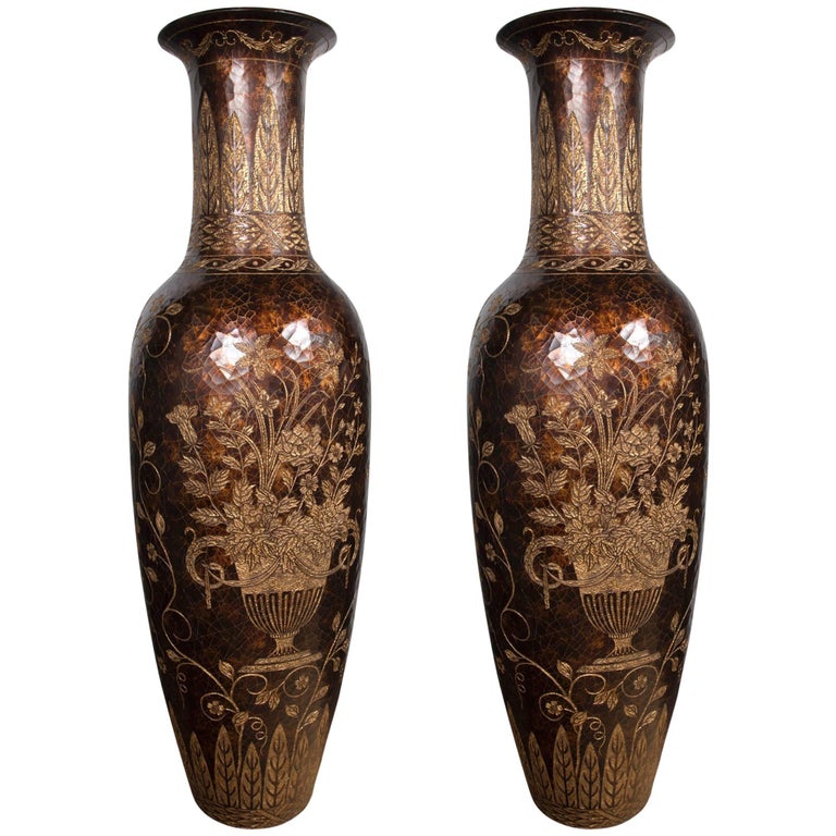 Unusual Pair Of Tall Lacquered And Incised Chinese Floor Vases For