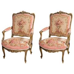 Pair of Painted and Parcel-Gilt Louis XV Style Fauteuils 2
