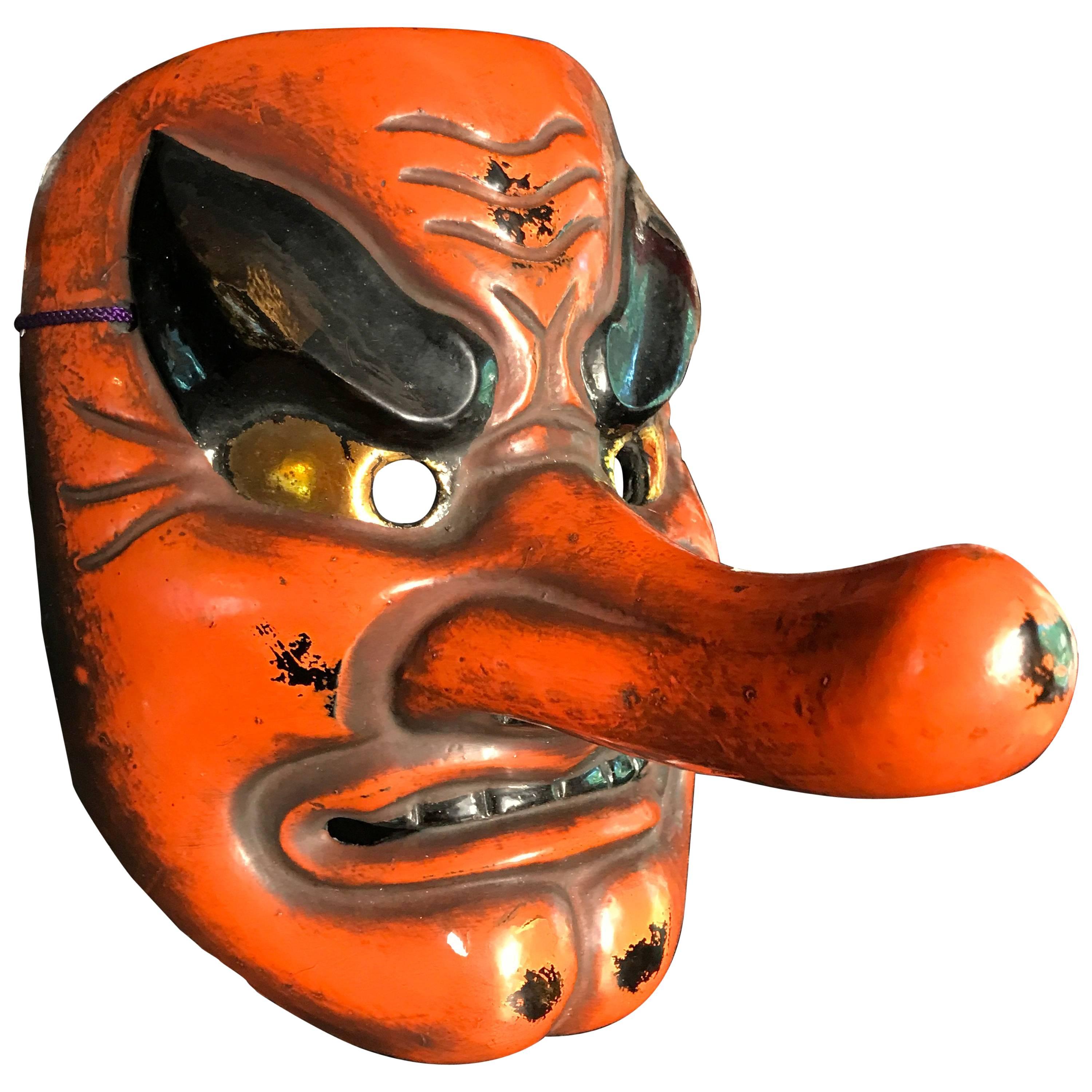 Powerful Japanese Antique Forest God Mask Tengu Dramatic Nose
