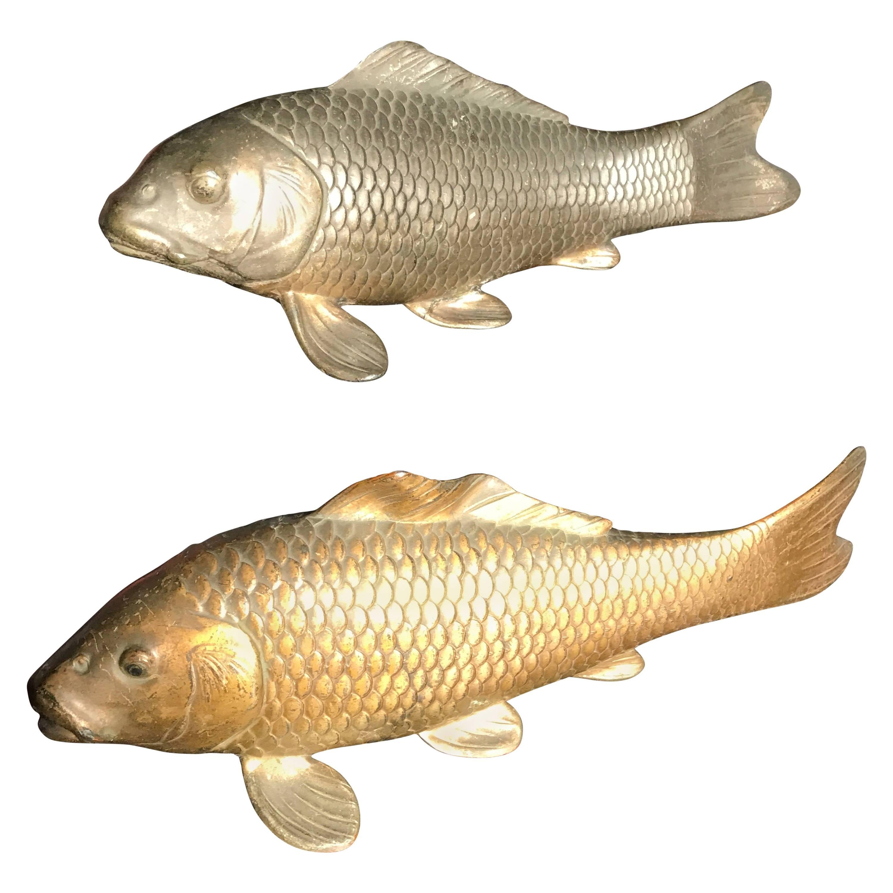 Japanese Antique Cast Bronze Pair of Koi Fish Great Catch