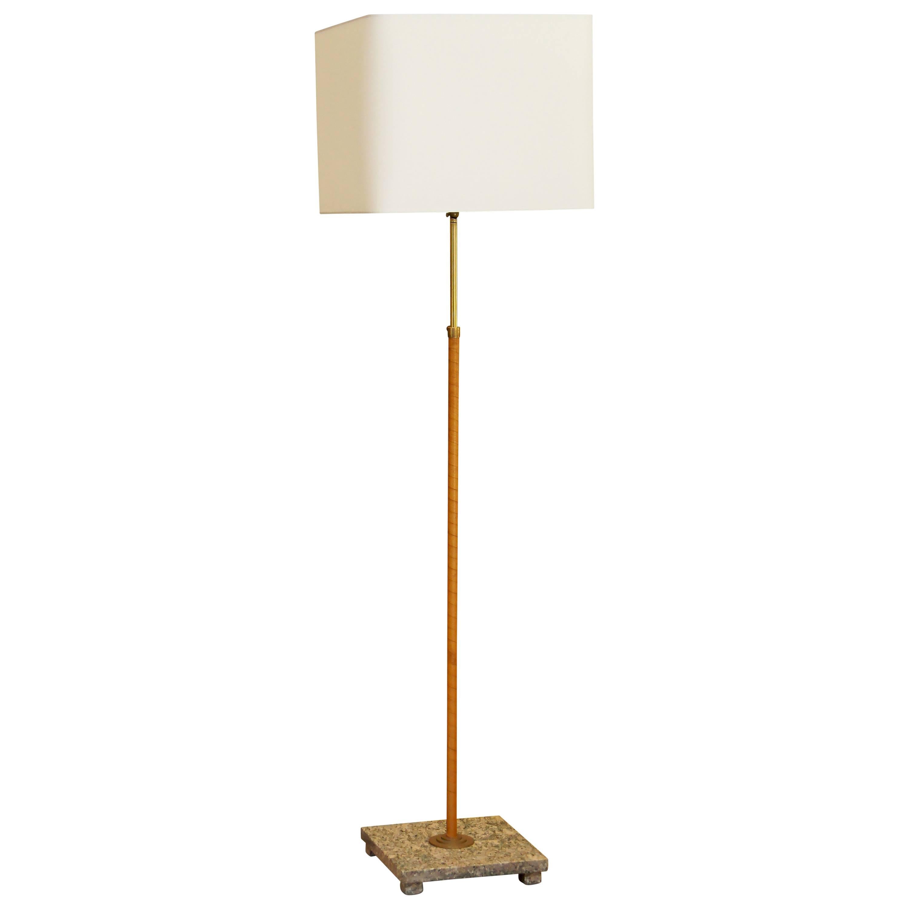 Swedish Art Deco Adjustable Standing Lamp with Birch Wrapped Brass and Granite For Sale