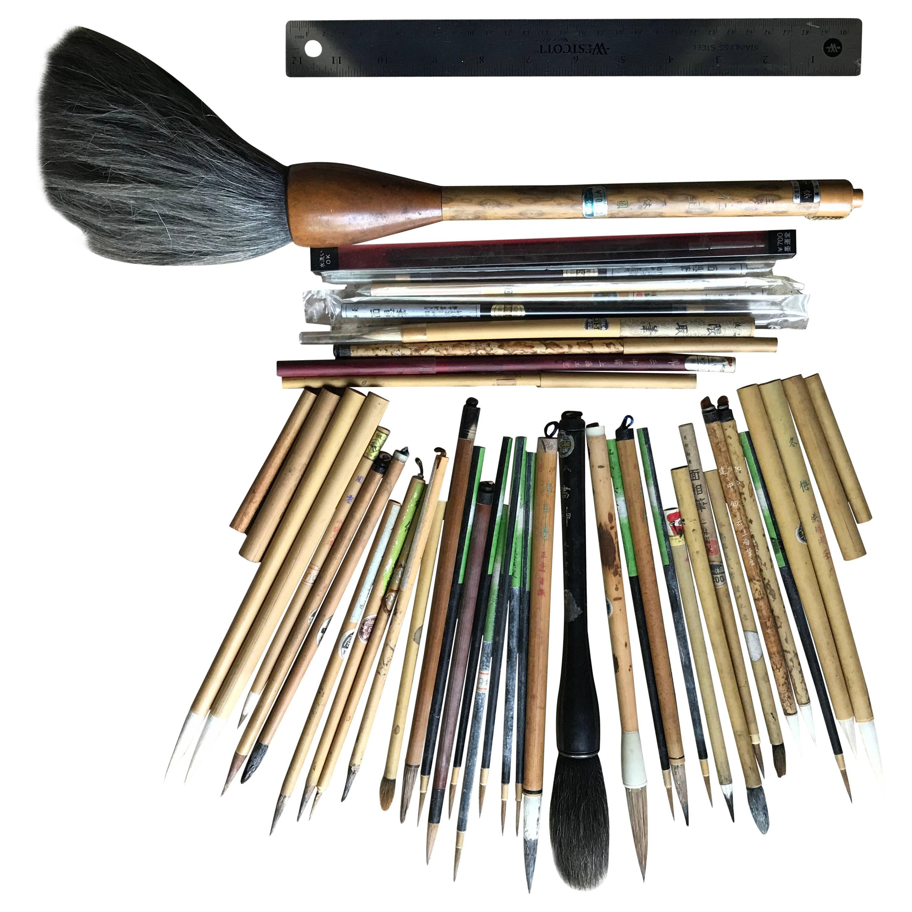 Found! Antique Artisan's Cache of 43 Old Paint and Calligraphy Bamboo Brushes