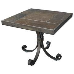Unique Brutalist End or Coffee Table with Slate Stone Top & Scrolled Brass Base 10
