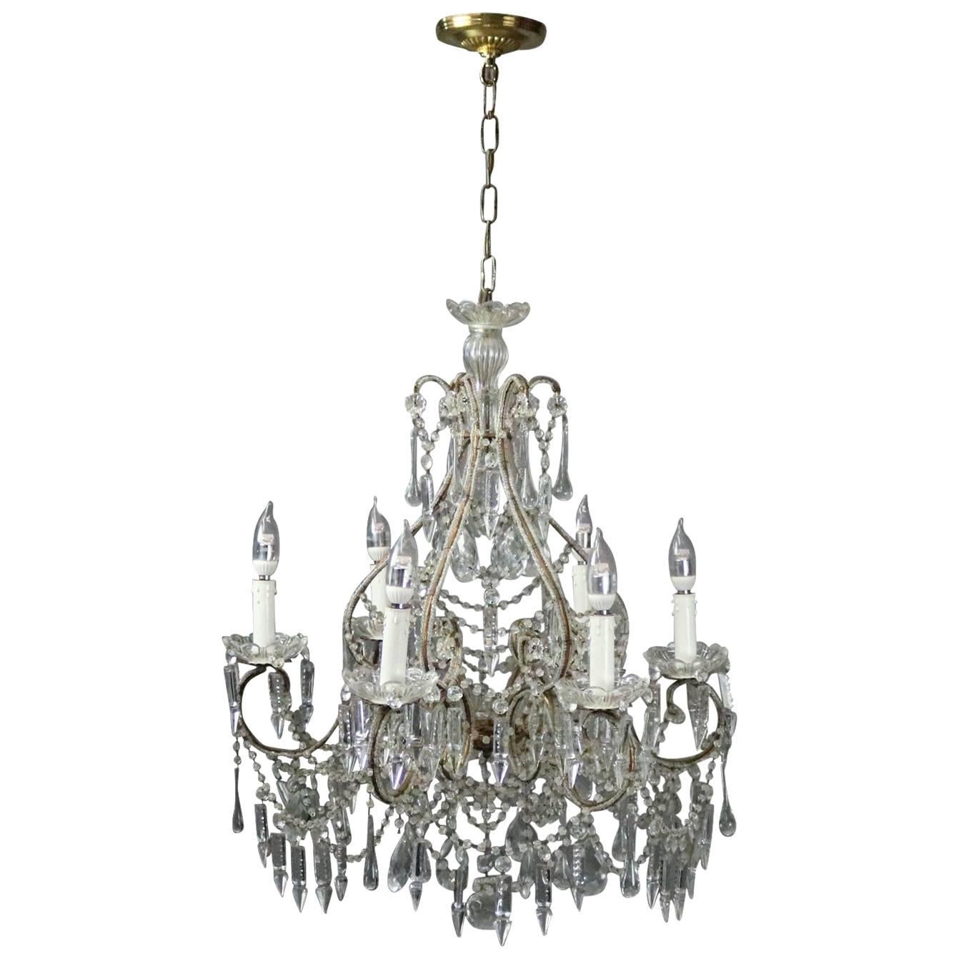 Antique French Style Cut Glass and Bronze Six-Light Chandelier, circa 1930