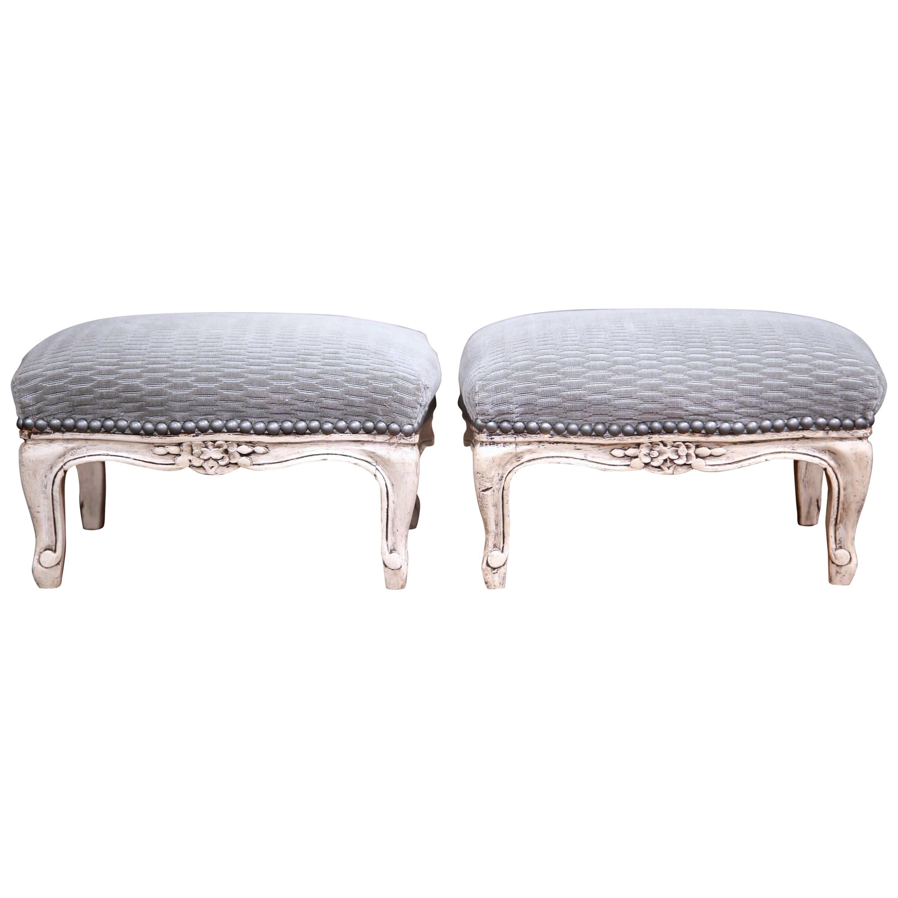 Pair of Late 19th Century French Louis XV Carved Painted Footstools with Velvet
