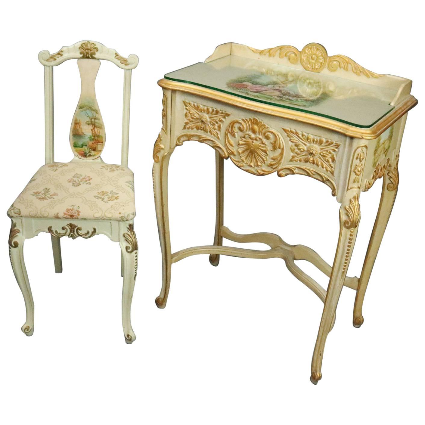 Antique French Provincial Vernis Martin Painted Lady's Desk and Chair, c1880
