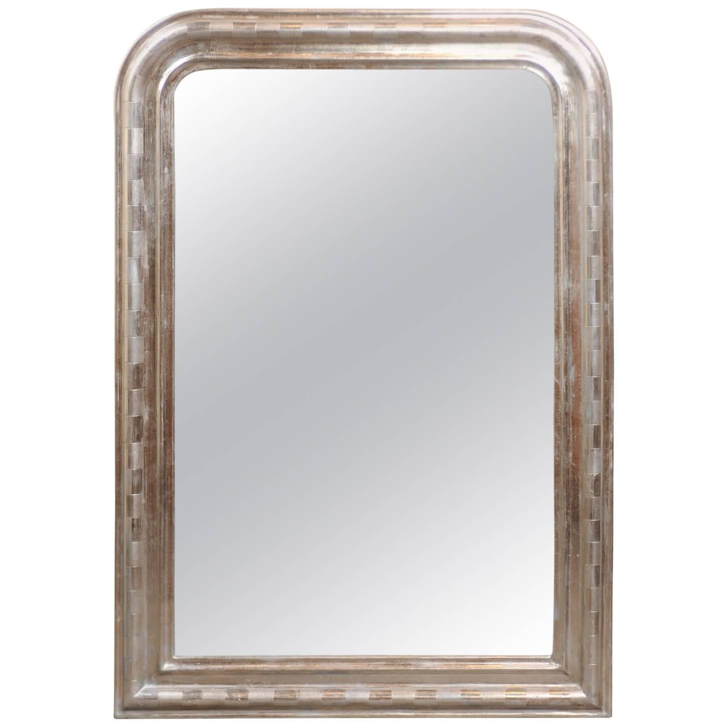French Louis-Philippe Silver Leaf Mirror with Checkerboard Motifs, circa 1900