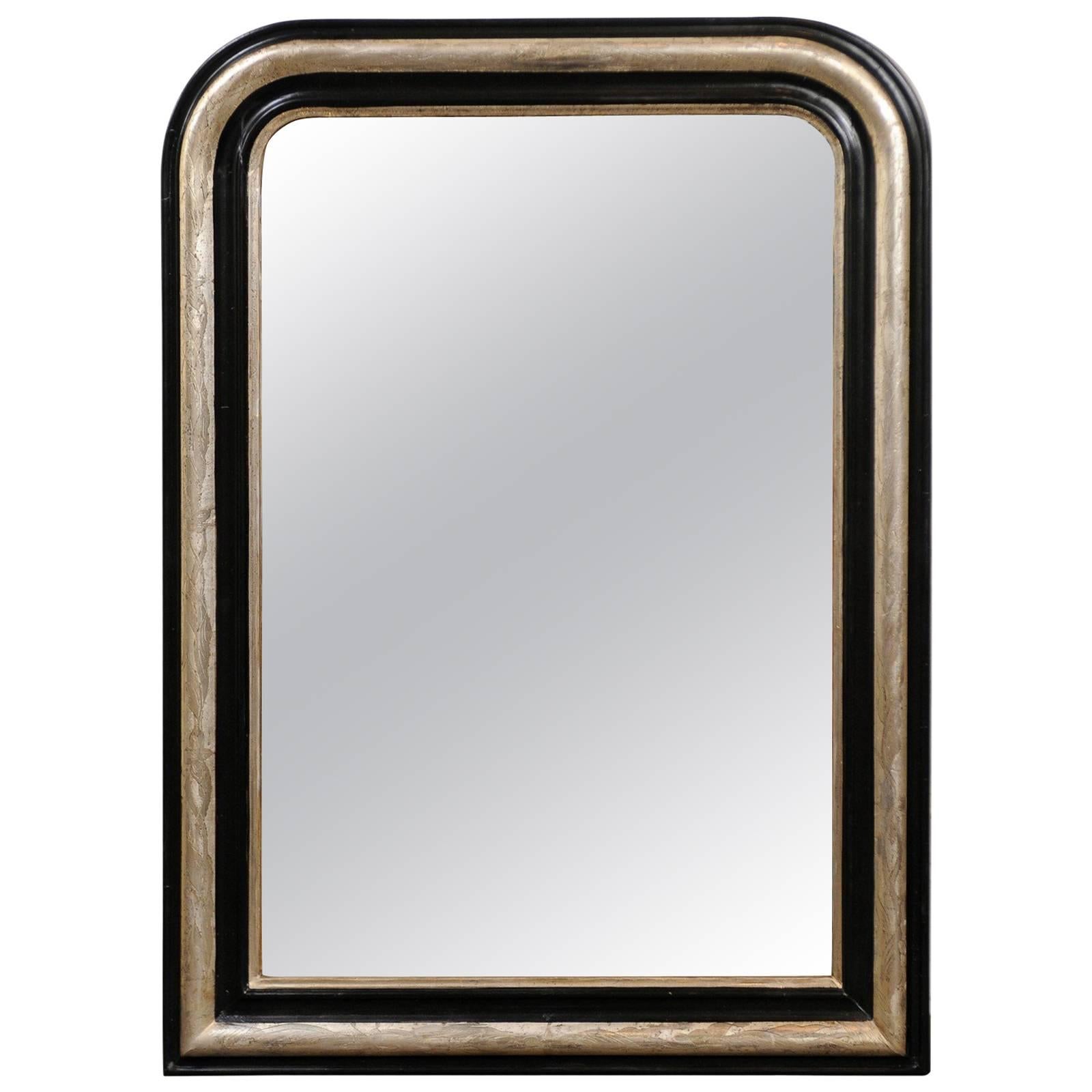 French Turn of the Century Ebonized Wood and Silver Gilded Louis-Philippe Mirror