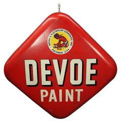 Vintage Devoe Paint Red & White Tin Advertising Sign, Native American Logo, circa 1950