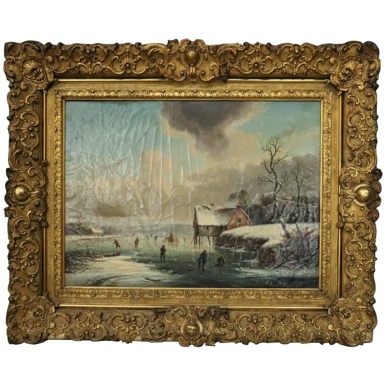 Antique Oil on Canvas Painting by Van Zeebroeck, Ice Skater Scene, Signed, 1849