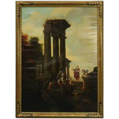 Neoclassical Oil on Canvas Painting, Greek Ruins with Warriors, circa 1870