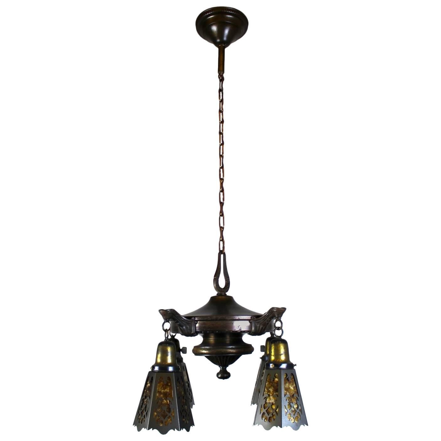 Four-Light Pan Fixture with Cut-Out Mica Shades For Sale