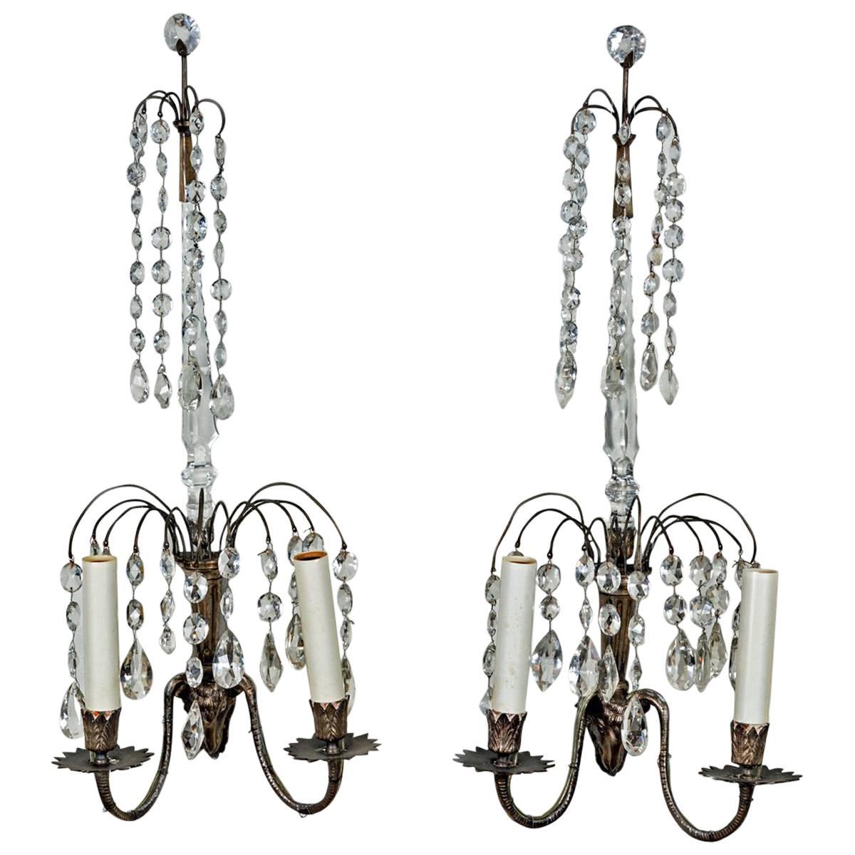 Two Pairs of Swedish Crystal Wall Sconces For Sale
