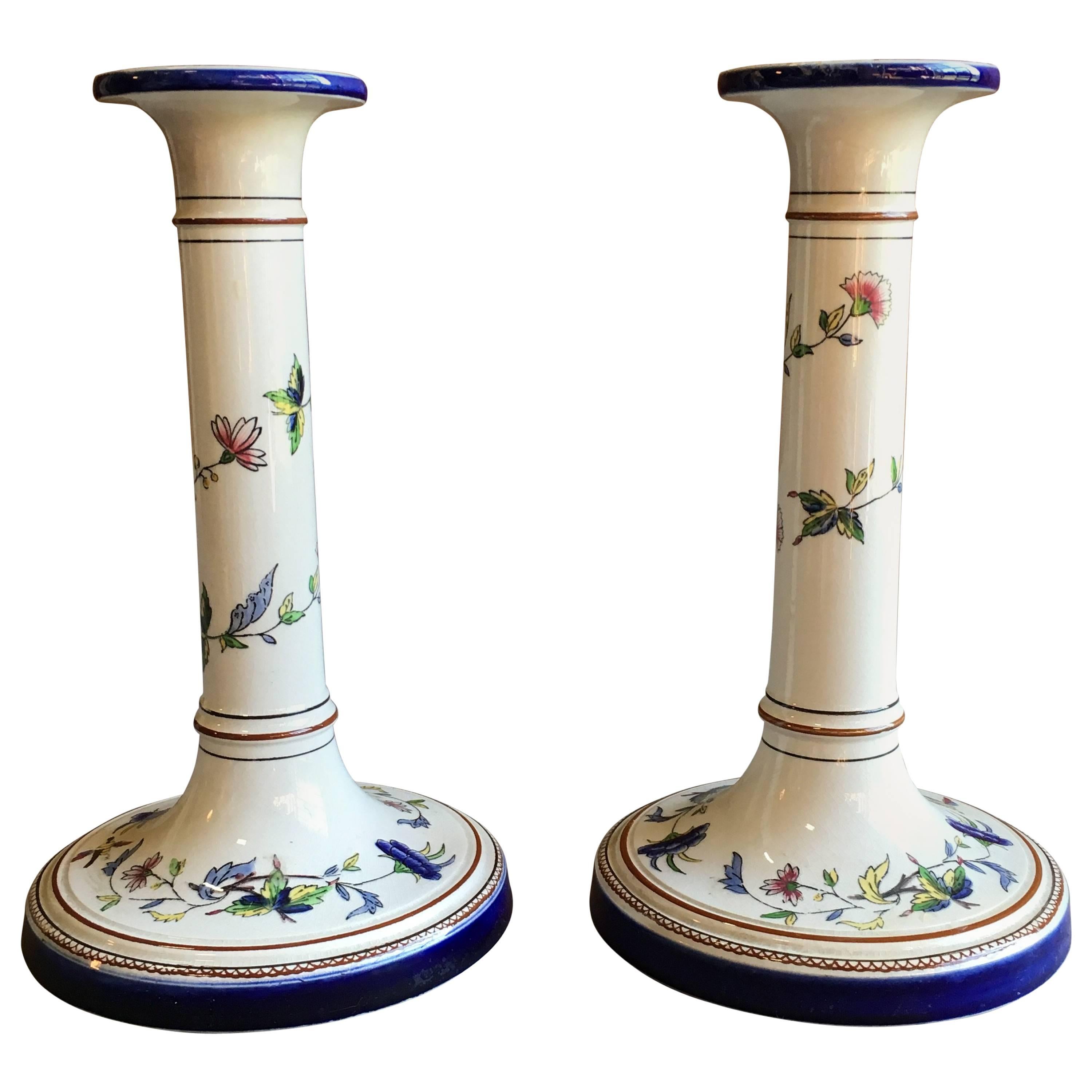 Pair of Faience Candlesticks, Rouen France