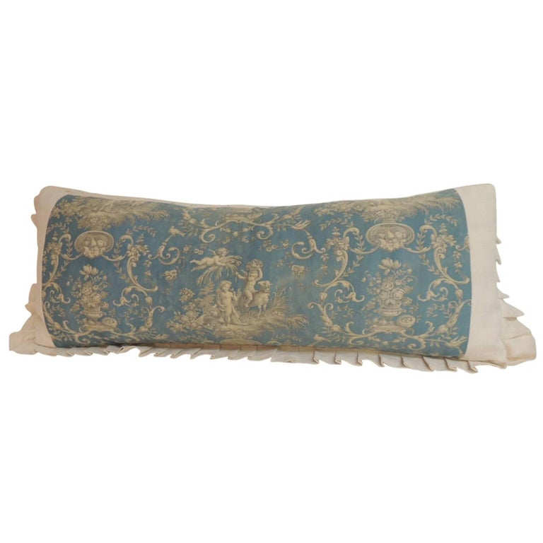 Large Antique French Toile Blue Decorative Bolster Pillow W Grain
