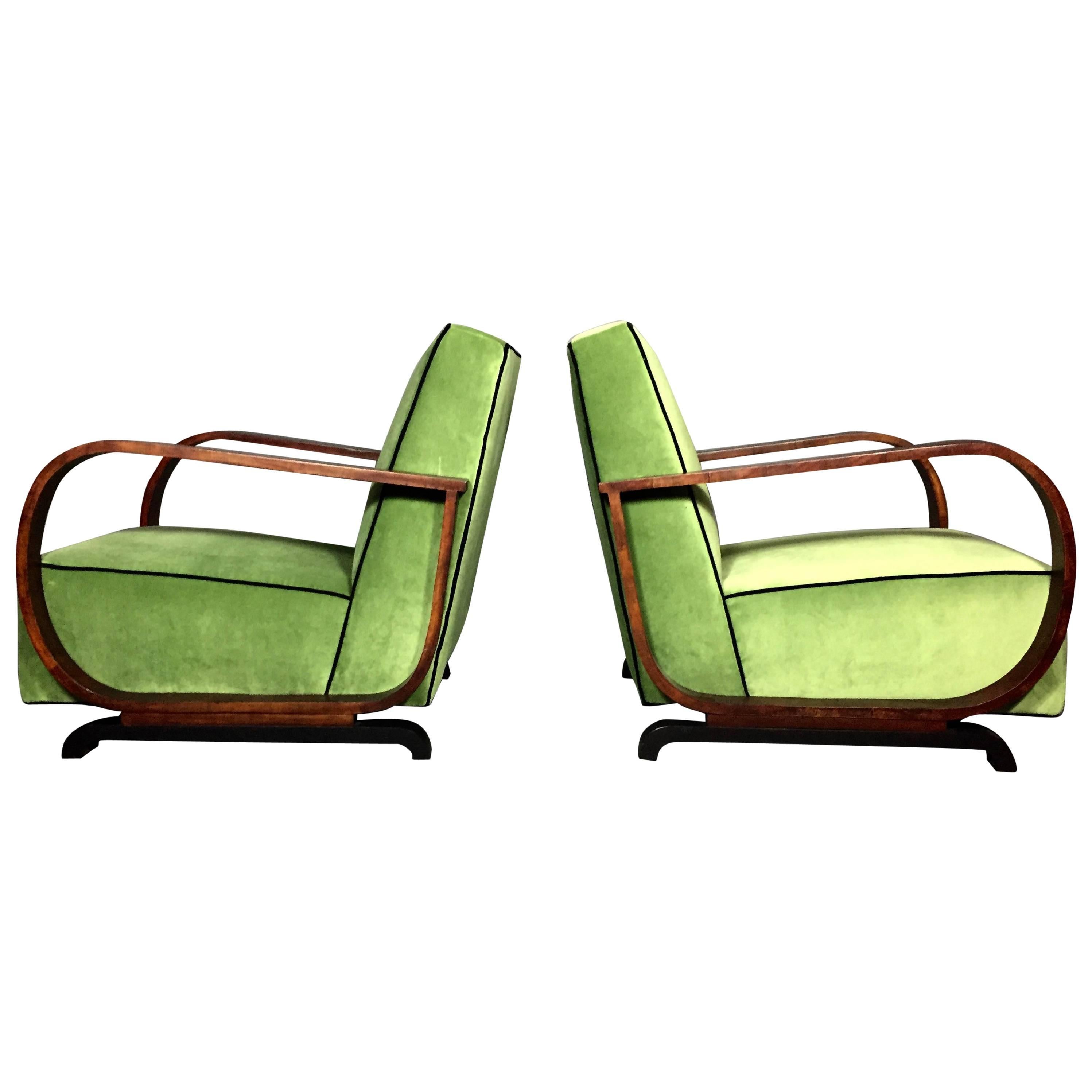 Pair of Art Deco Lounge Chairs in Walnut and Velvet, Late 1930s