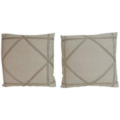Pair of Vintage Linen Square Decorative Pillows with Vintage Jute Trims 12