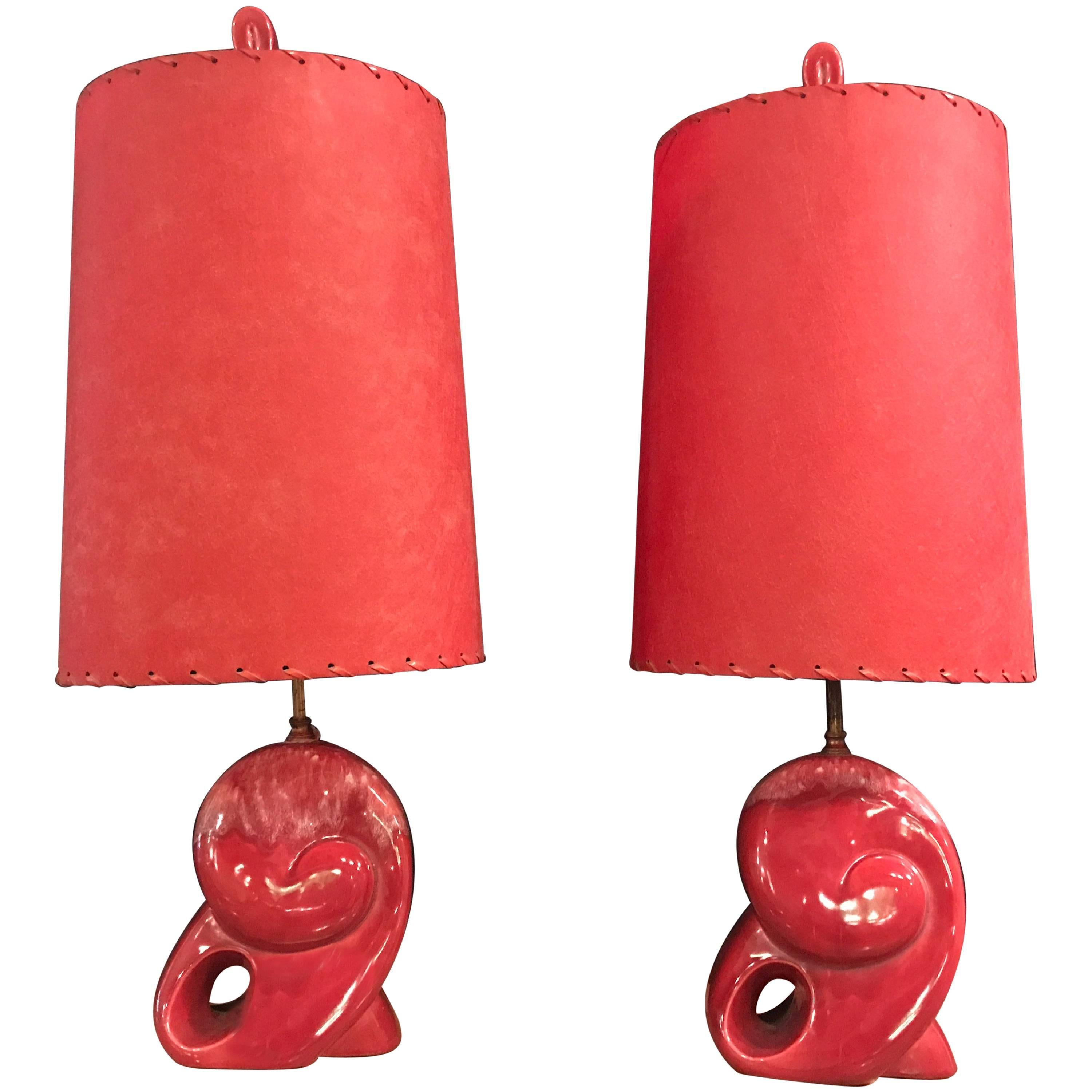 Pair of Red Mid-Century Modern Shell Form Table Lamps