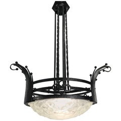 Stunning French Art Deco Wrought Iron Pendant with Molded Glass Shade Marked Ros