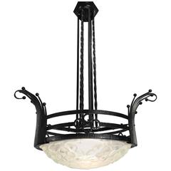 Stunning French Art Deco Wrought Iron Pendant with Molded Glass Shade Marked Ros 9