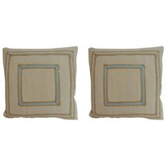 Pair of Vintage Linen Square Decorative Pillows with Vintage Jute Trims