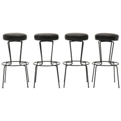 Four Frederic Weinberg Bar Stools, Black Wrought Iron and Black Leather