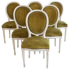 French Painted Louis XVI Set of Six Dining Chairs Original Fabric, circa 1900