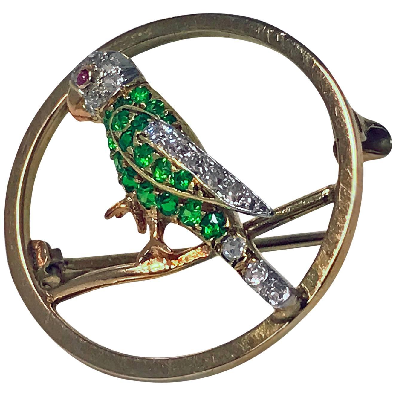 Demantoid, Diamond and Ruby Parrot Pin, circa 1920