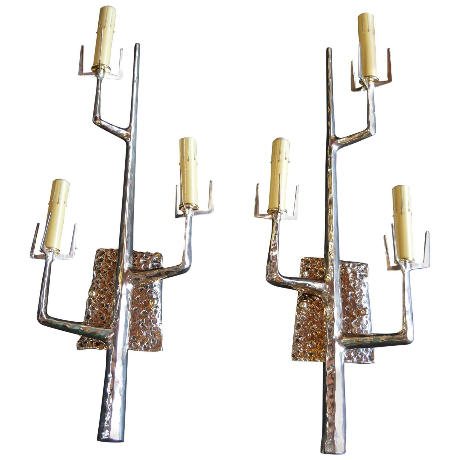 Pair of Polished Bronze Tree Sconces by Felix Agostini