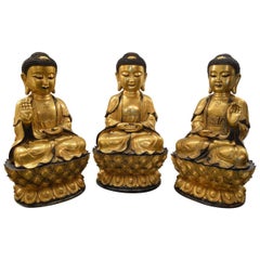 Set of Three Large Chinese Ming Style Gold Gilt Bronze Seated Buddha's