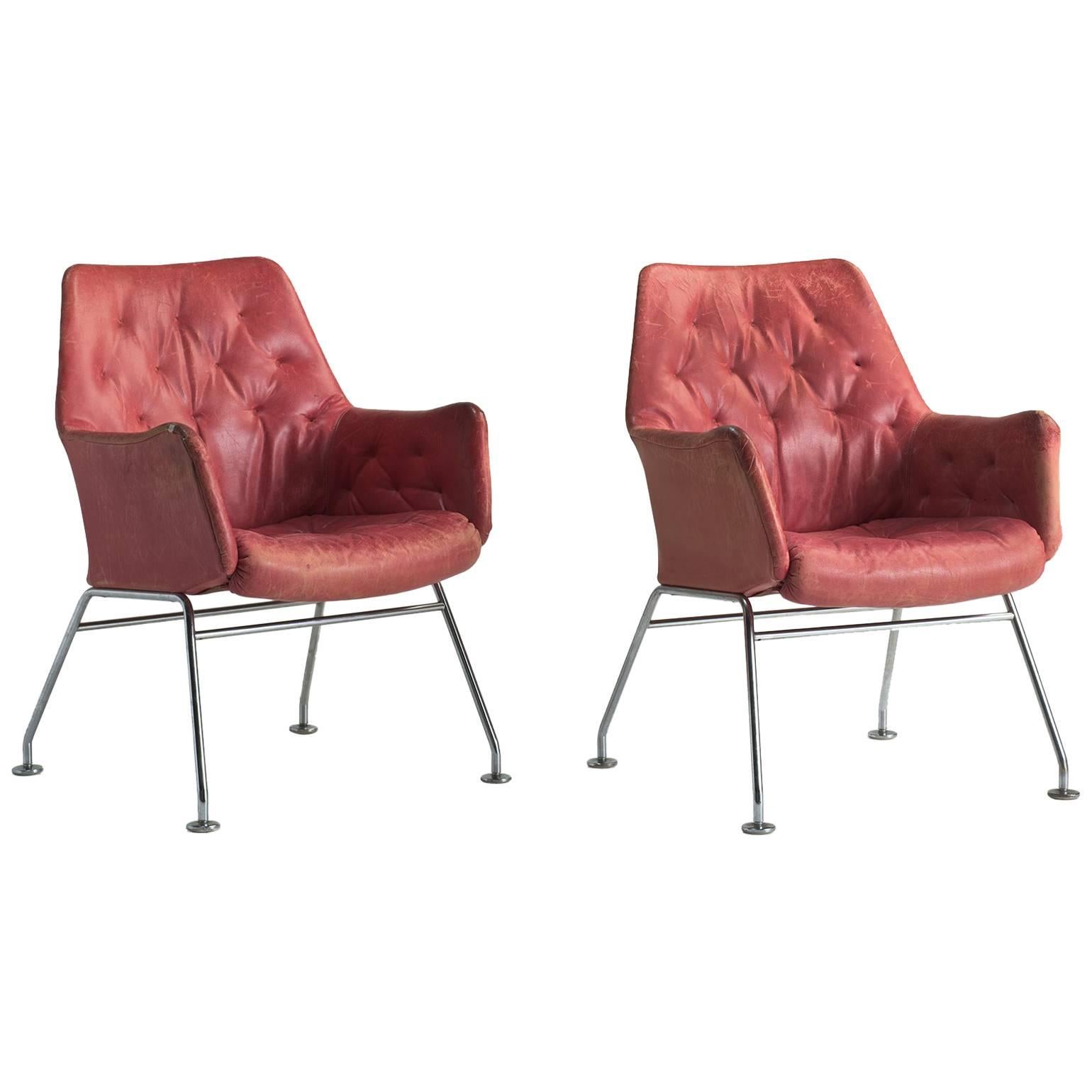 Red Leather Armchairs by Bruno Mathsson, circa 1960