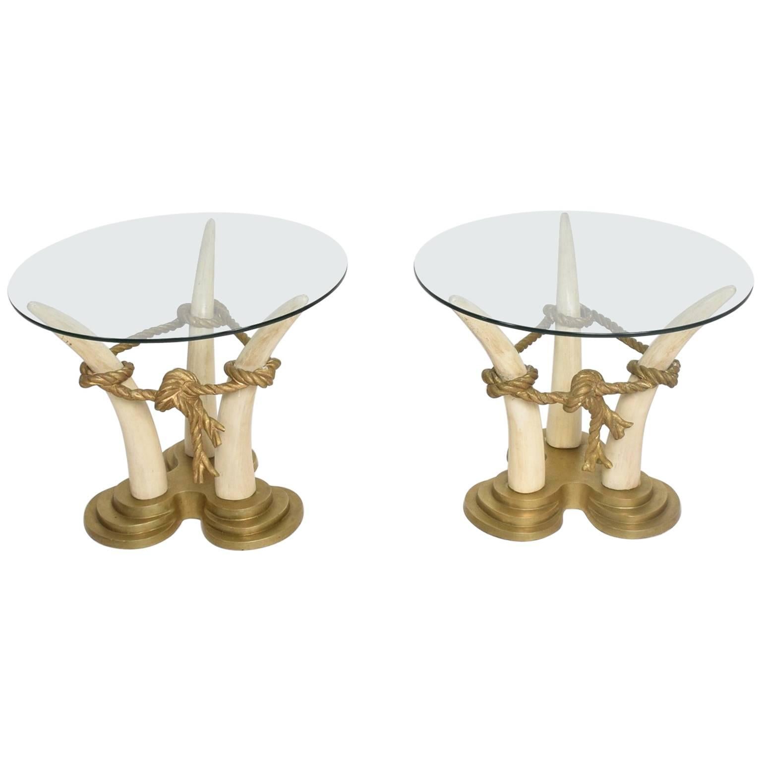 Hollywood Regency Pair of Side Tables Faux Ivory and Bronze by Valenti, Spain