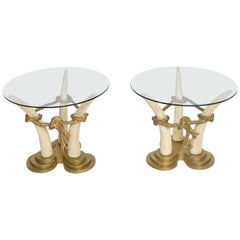 Hollywood Regency Pair of Side Tables Faux Ivory and Bronze by Valenti, Spain