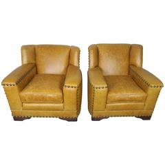 French Deco Leather Armchairs with Nailheads, Pair 1