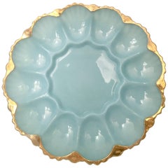 Vintage Robins Egg Blue and 22-Karat Gold Milk Glass Devil Egg Tray