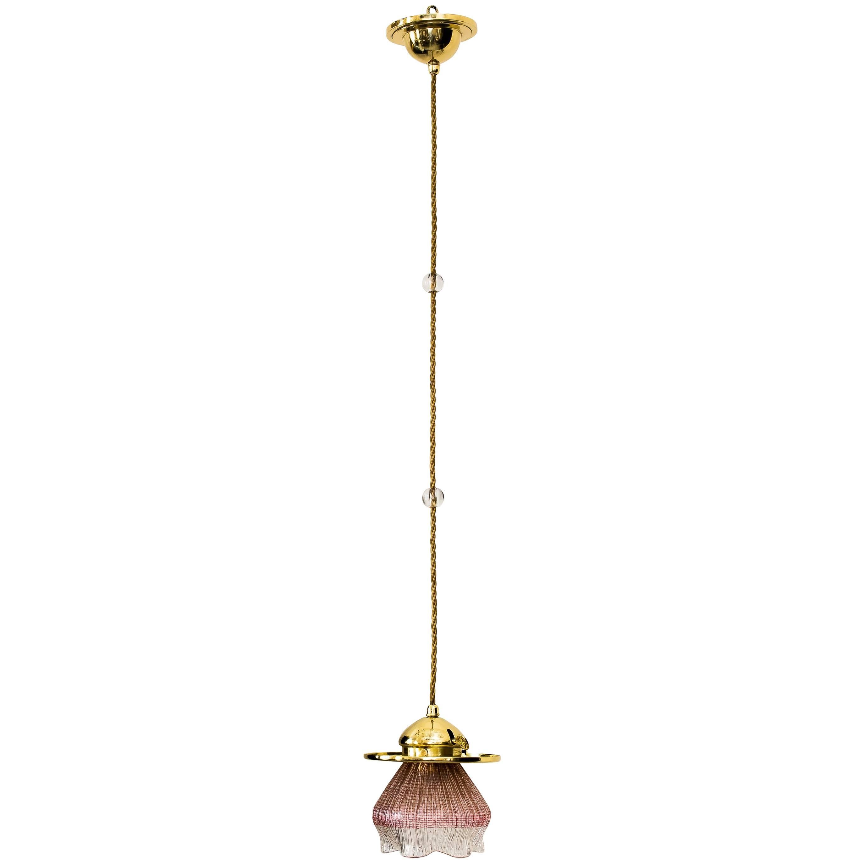 Leopold Bauer Viennese Hanging Lamp with Loetz Witwe “Blitzglas” Shade