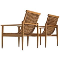 Vintage Elegant Pair of Armchairs in Solid Beech and Cane, Europe, 1960s