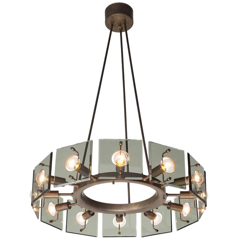 Rare Shaped Round Brass, Metal and Glass Chandelier For Sale at 1stDibs