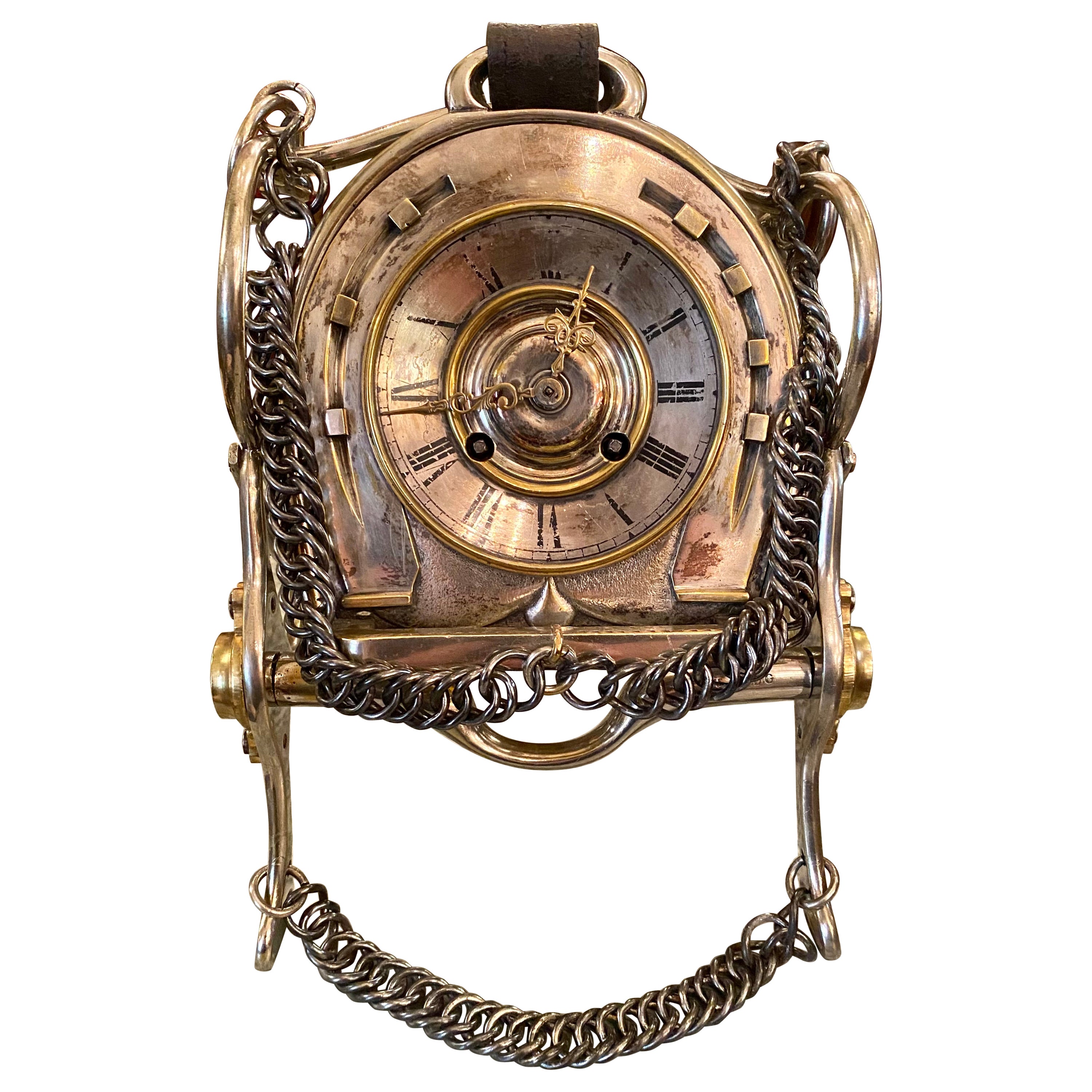 Ancienne horloge victorienne en bronze argenté en forme de fer à cheval et de mors, vers 1860