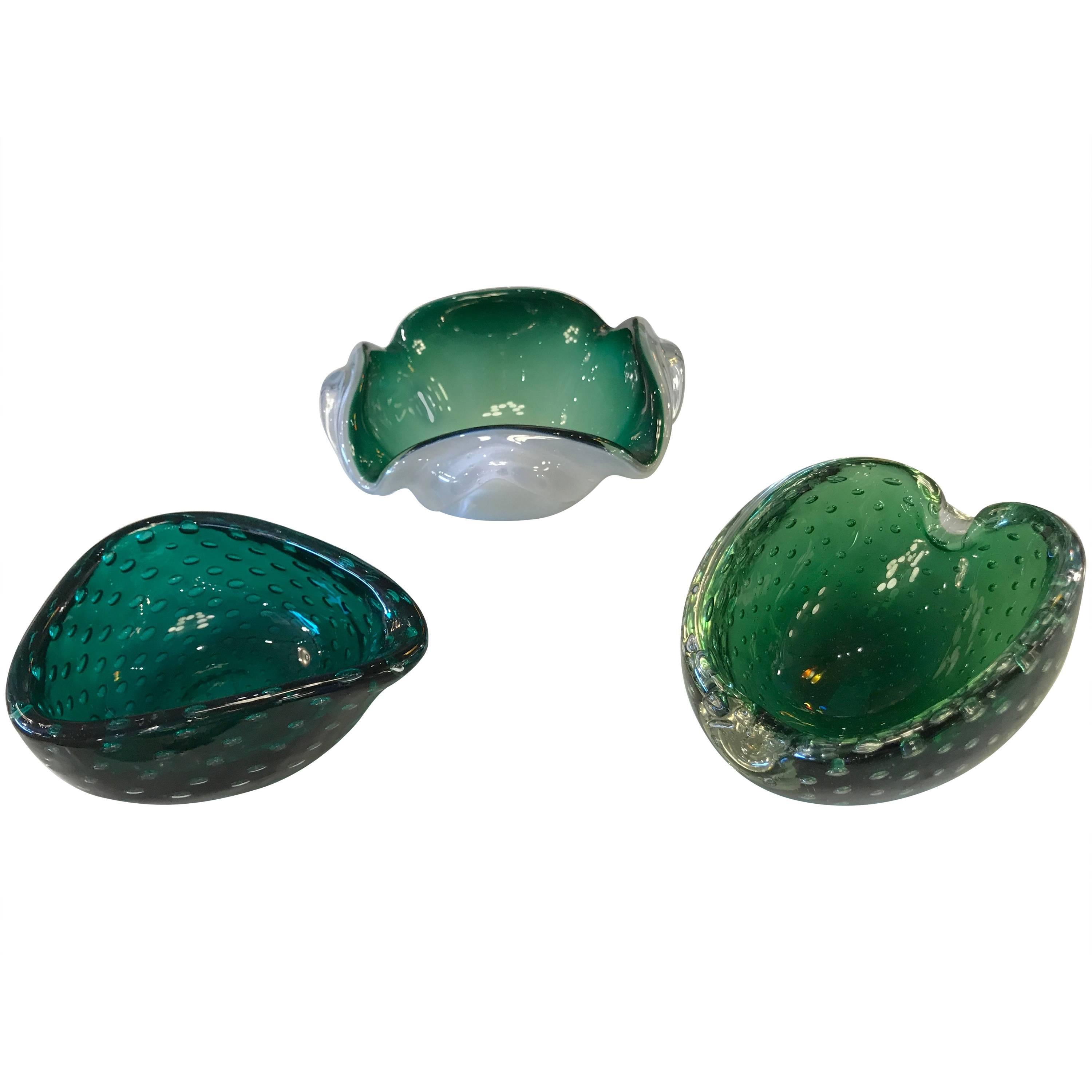 Beautiful Set of Three Green Murano Ashtray, circa 1960