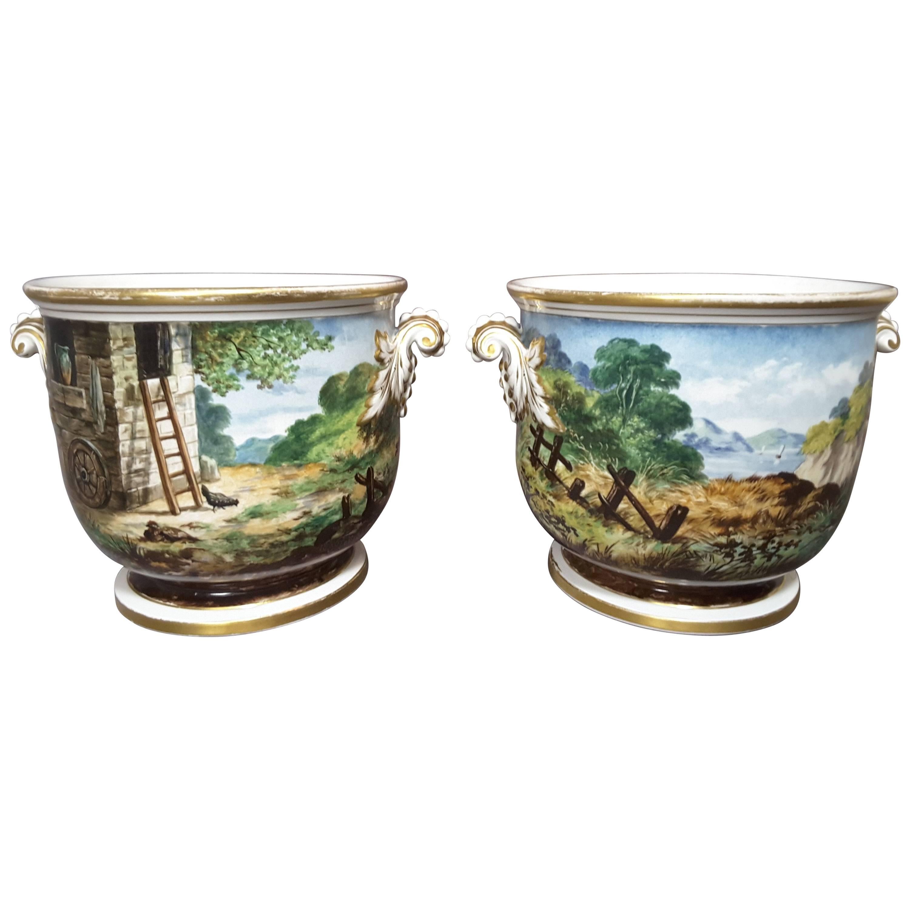 Pair of Georgian English Cache Pots, Hand-Painted and Signed
