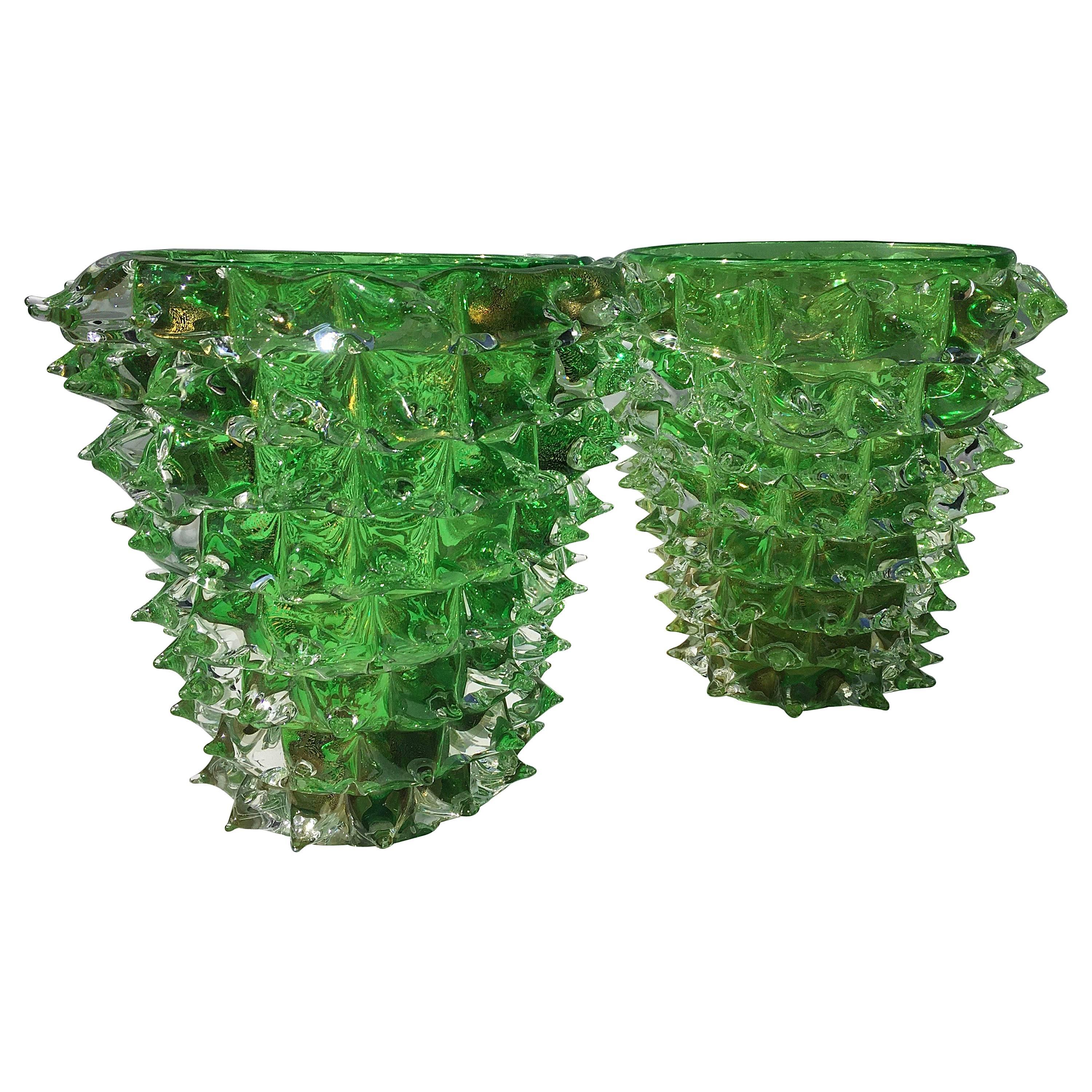 Pair of Signed Costantini, Green Murano Rostrati Vases For Sale