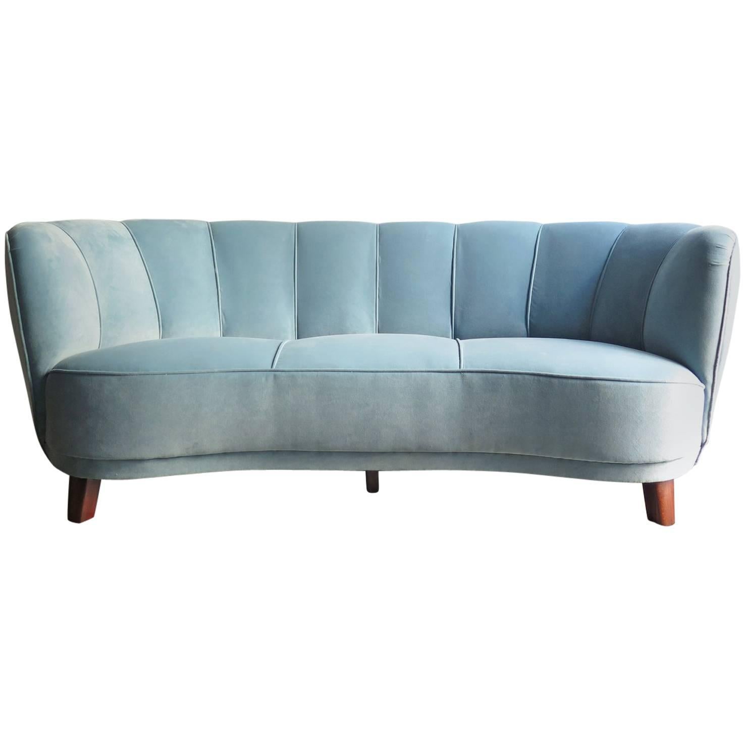 Art Deco Blue Velvet Sofa
