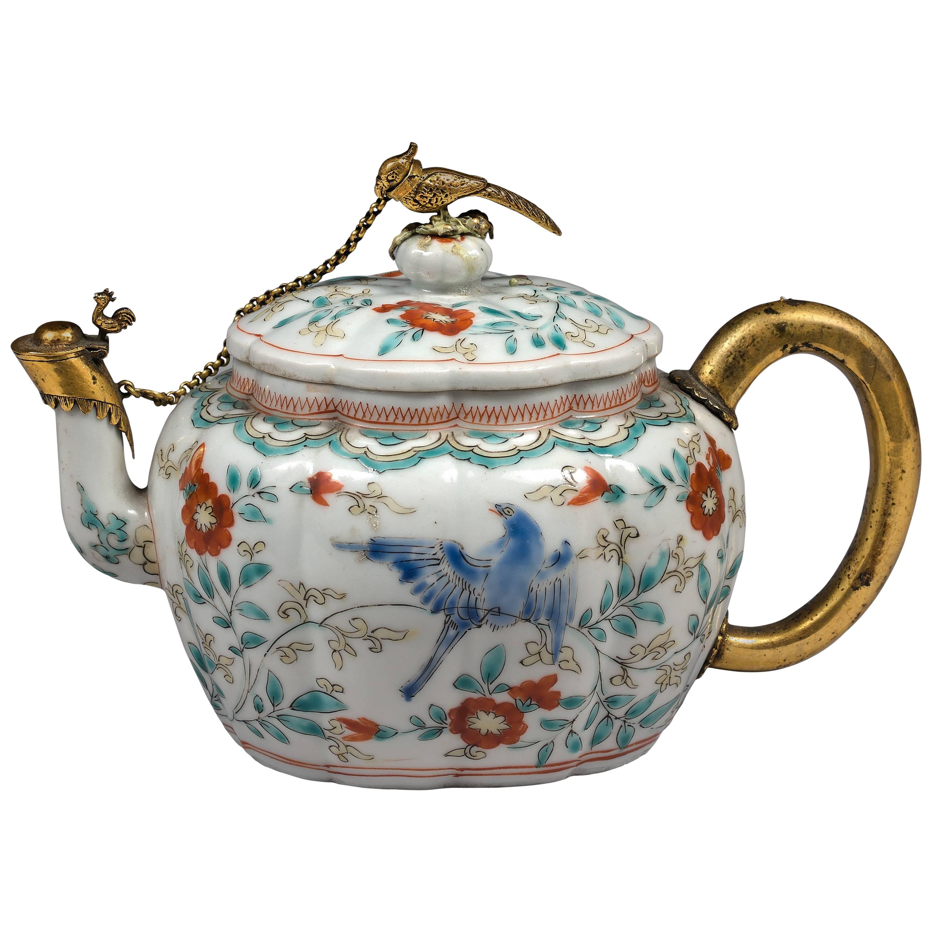 17th Century Japanese Kakiemon Porcelain Teapot with Dutch Silver-Gilt Mounts For Sale