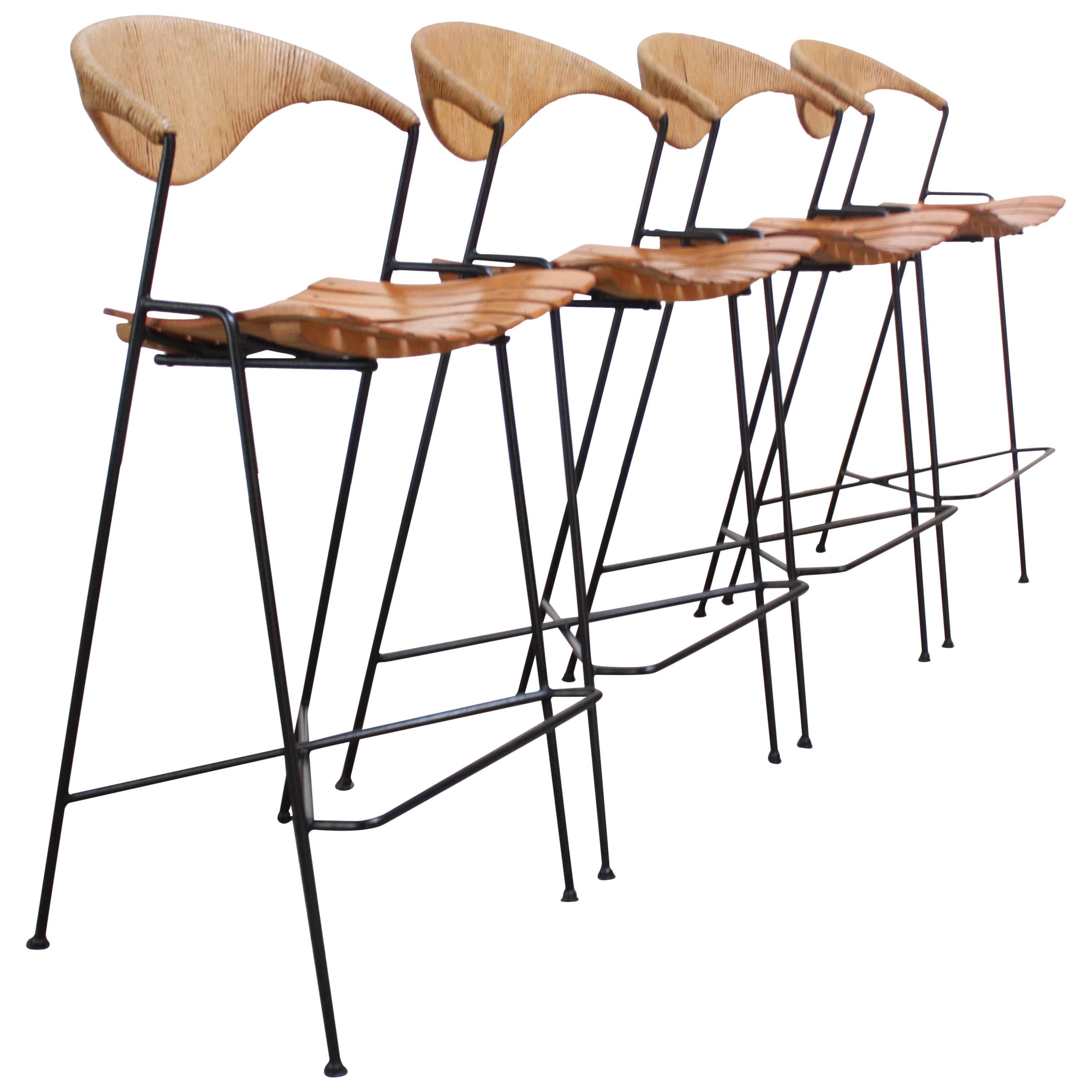 Set of Four Rush and Iron Stools by Arthur Umanoff for Raymor